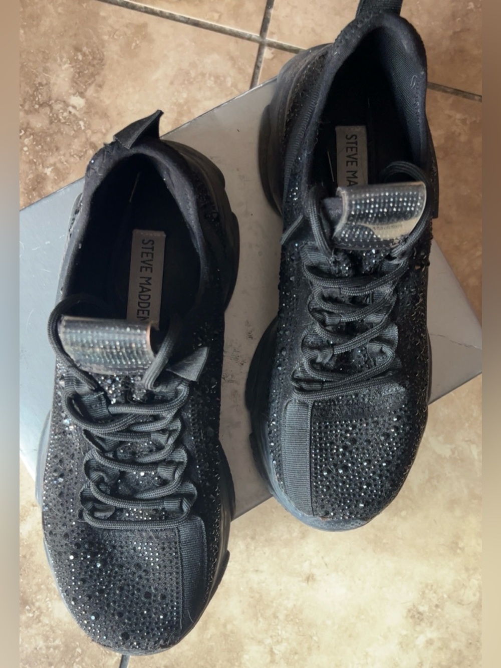 Steve Madden|  Black Crystal-Studded Chunky Lace-Up Sneakers Shoes Women’s